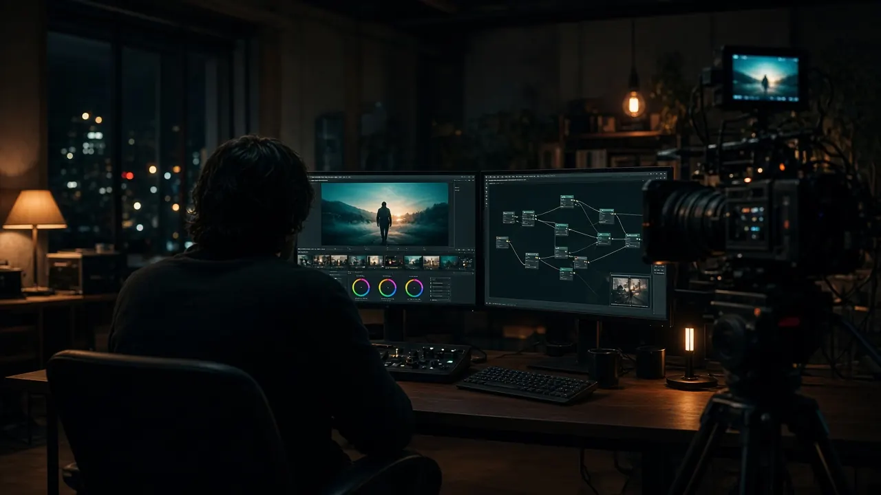 Editing suite with colour grading monitors and a cinema camera